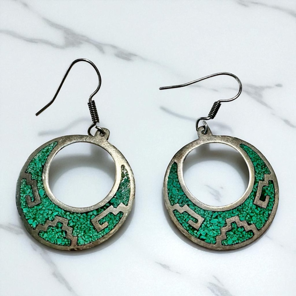VINTAGE .925 STERLING & TURQUOISE INLAY - HOOP EARRINGS - MEXICO